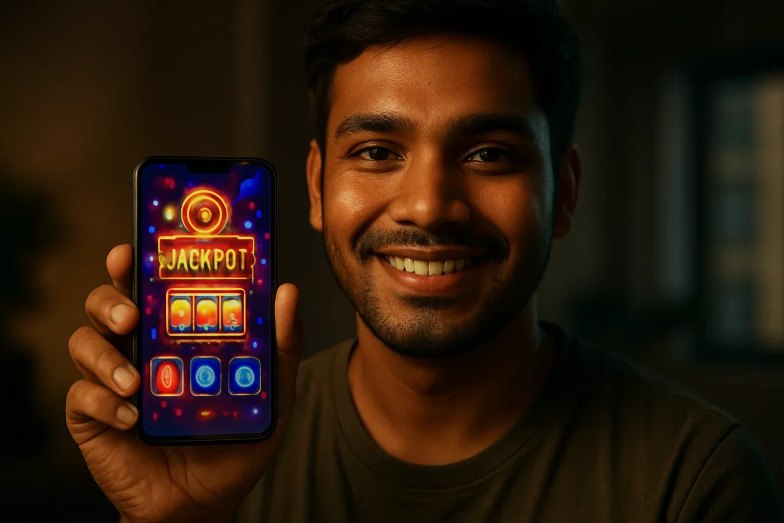 Young Bangladeshi man holding smartphone showing colorful casino app interface
