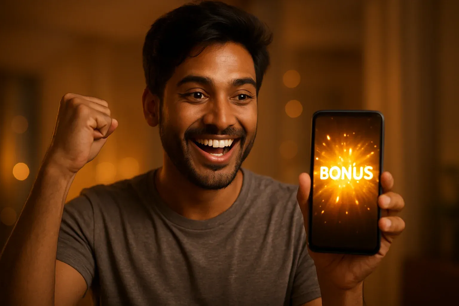 Joyful Bangladeshi man holding smartphone with glowing bonus notification screen