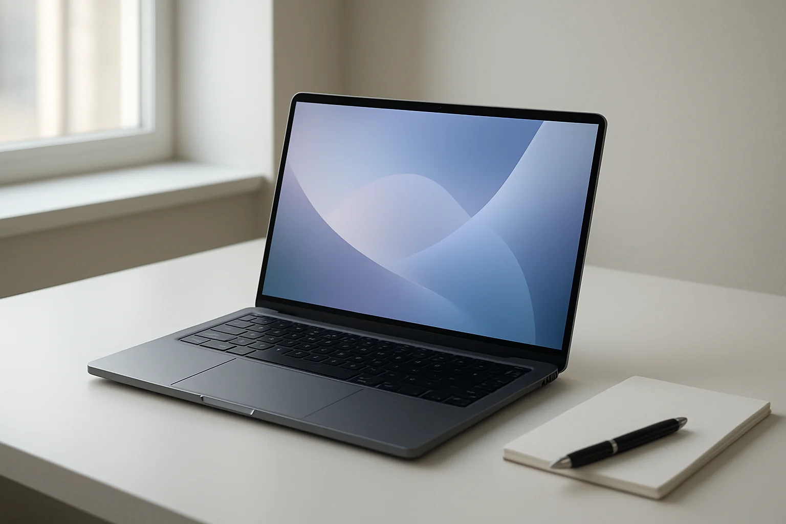 Modern laptop on white desk with pen and notepad