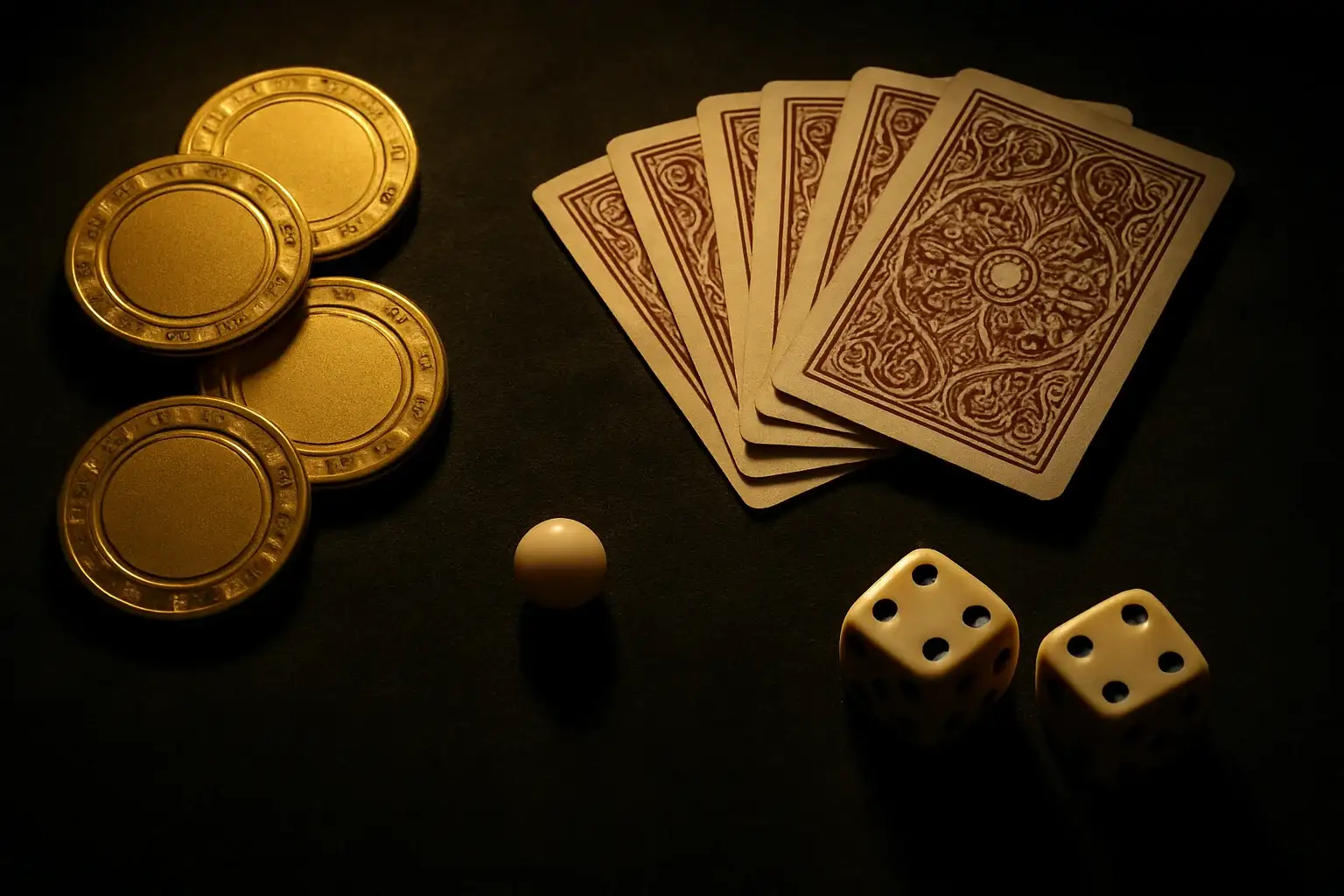 Top-down casino scene with chips, cards, dice, and roulette ball