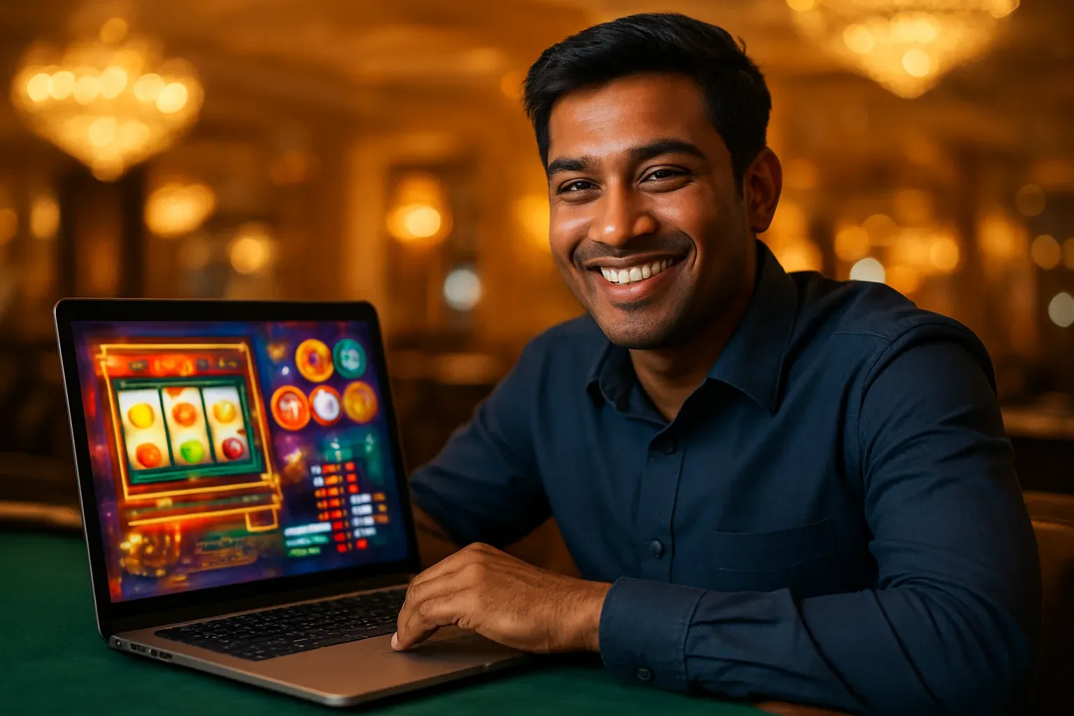 Cheerful Bangladeshi man with open laptop in premium casino lounge