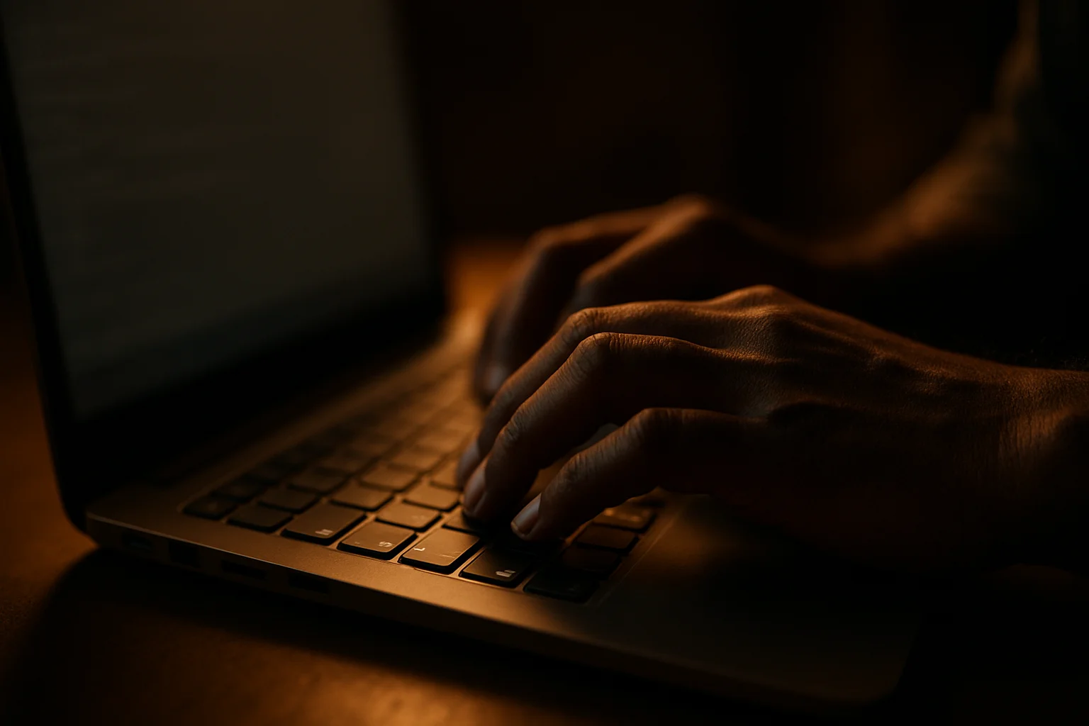 Close-up of Bangladeshi man's hands typing on modern laptop keyboard