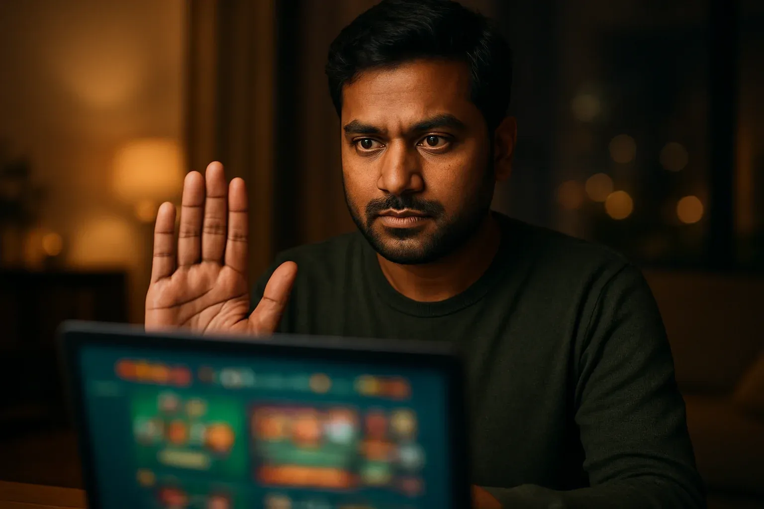 Bangladeshi man making stop gesture beside blurred online casino laptop